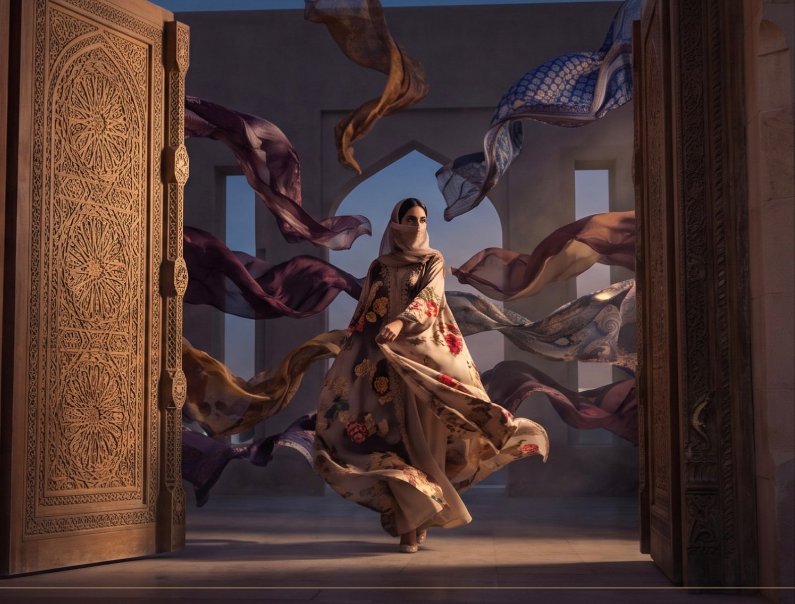 An elegant woman in a printed jalabiya beside a carved Omani doorway